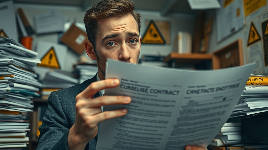 stressed entrepreneur reviewing confusing commercial lease contract mistakes