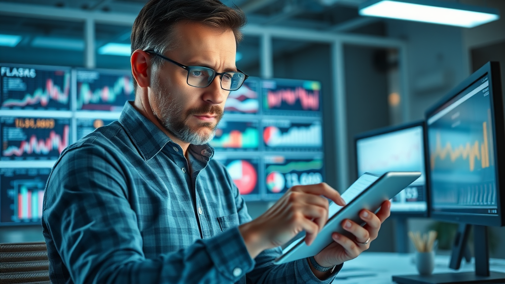 business broker reviewing business valuation on digital tablet with financial charts, modern office with financial screens
