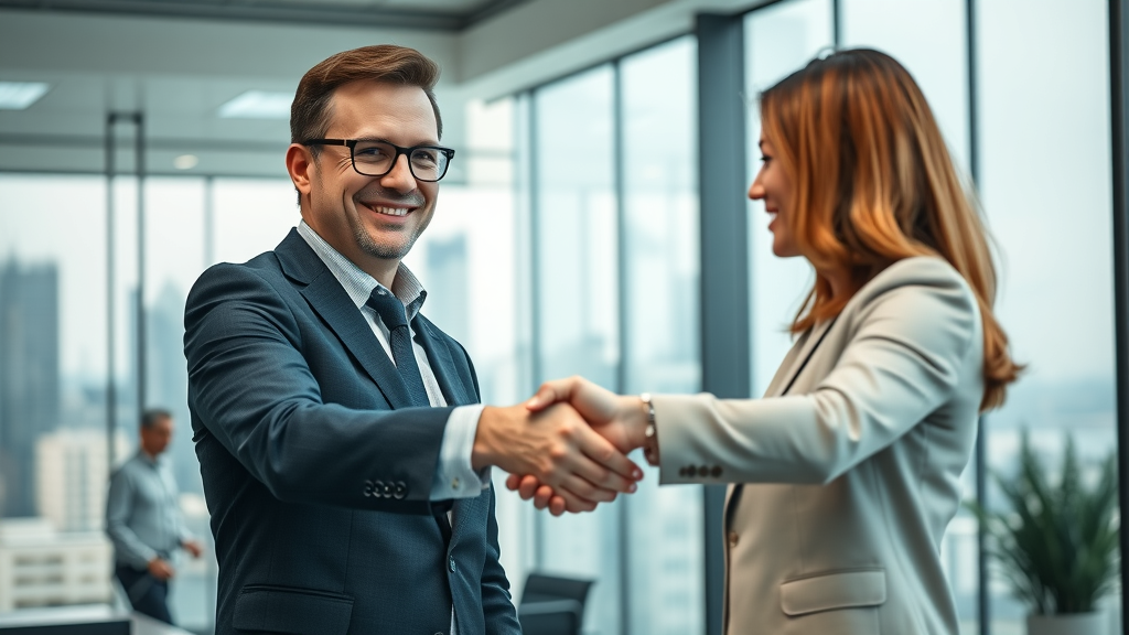 business broker shaking hands with a client to close a business sale, modern office, glass walls, cityscape view