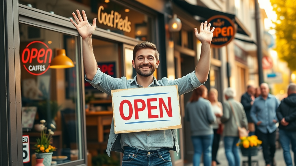 buying a business - owner celebrating in a thriving renovated shop