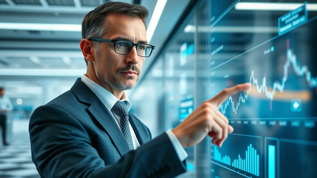 Financial executive analyzing digital financial data in high-tech M&A setting