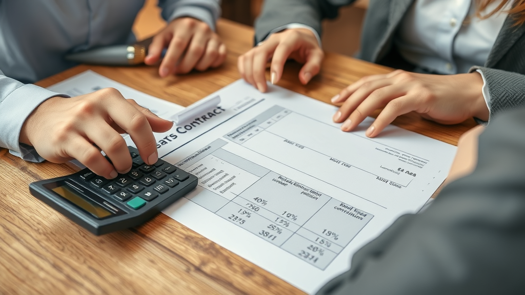Close-up of a contract with highlighted commission percentages and a calculator; discussing agent commission. Main Keyword: agent commission, commission fee. Highly detailed.