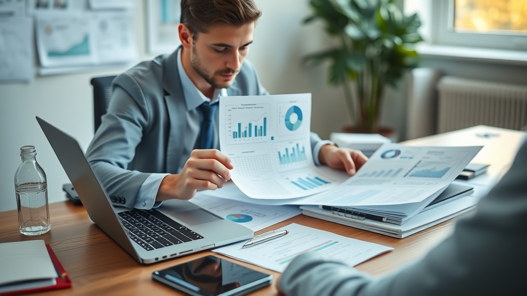 Organized office desk with business sale documents, financial charts, and checklist