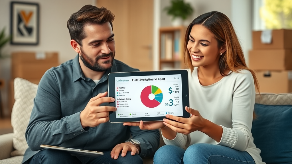 First-time homebuyer couple reviewing closing costs, agent showing breakdown on tablet, packing boxes in cozy living room