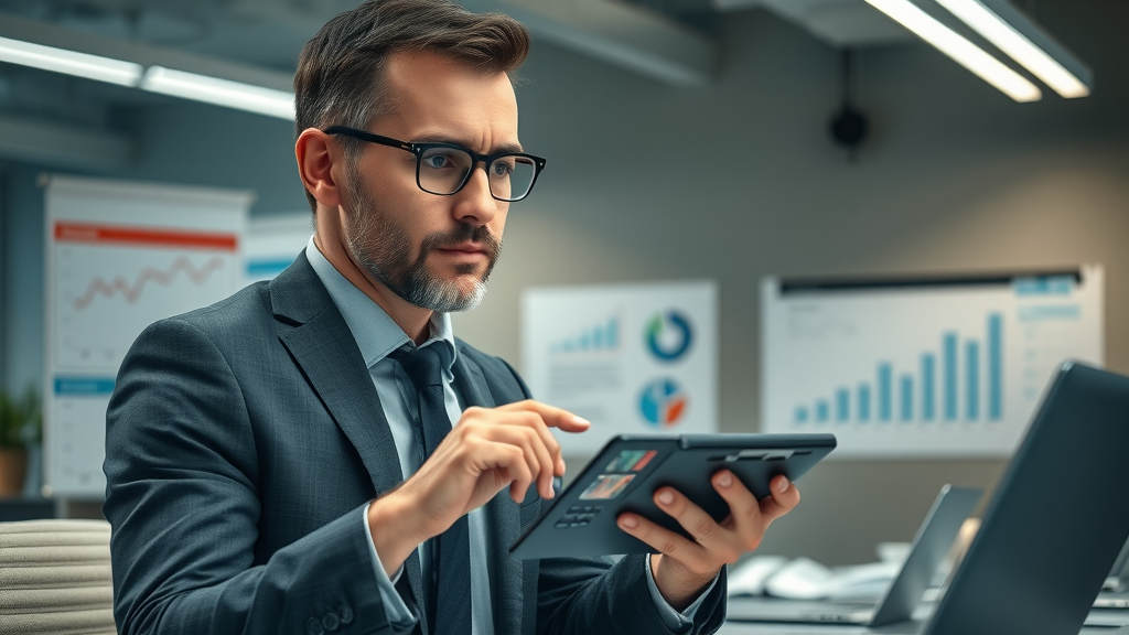business valuation and broker commission calculation - thoughtful business broker using calculator, reviewing valuation charts, assessing broker fee