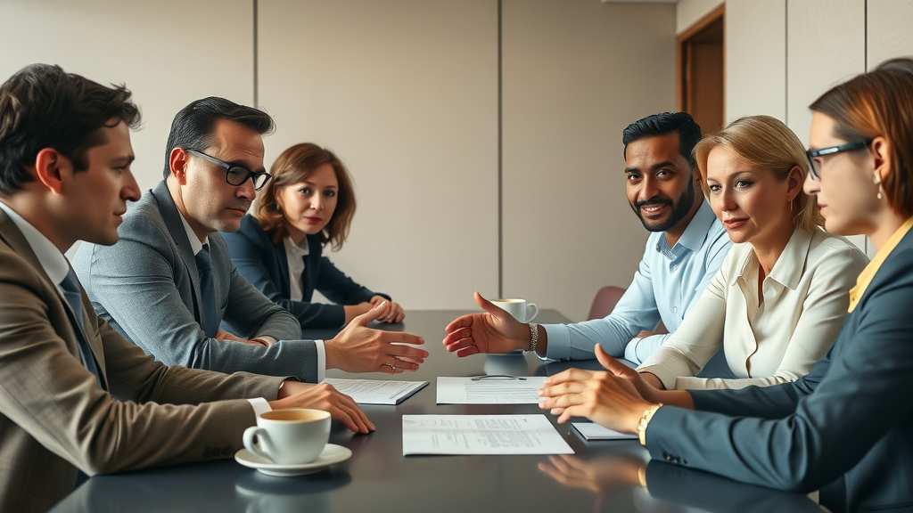 Negotiation tactics: Group of diverse business professionals negotiating a business sale contract