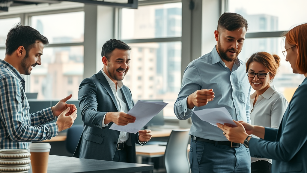 Diverse business for sale opportunities in online, retail, and auto repair settings, people discussing transactions with professional digital tools, coworking space city backdrop