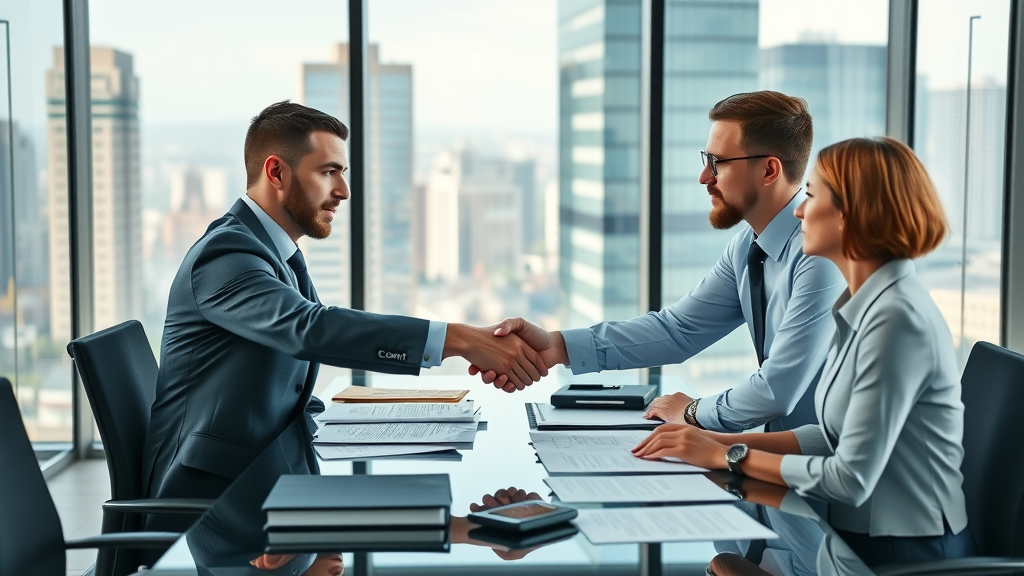 Strategic business professionals analyzing documents and shaking hands after a successful business sale negotiation, glass-walled office with city view