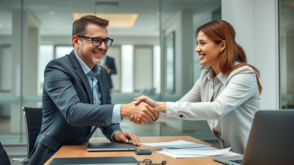 Business owners negotiating the sale of a business in a modern office, confident expressions, paperwork on table