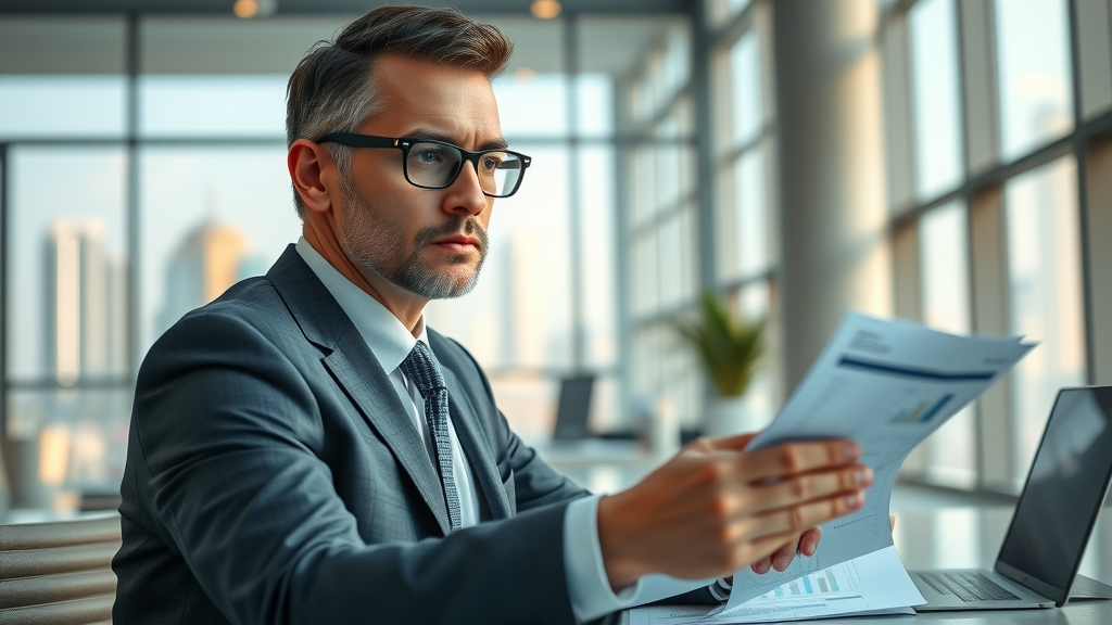 business valuation, confident business owner reviewing financial reports in modern office, glass walls and cityscape, charts and papers on table
