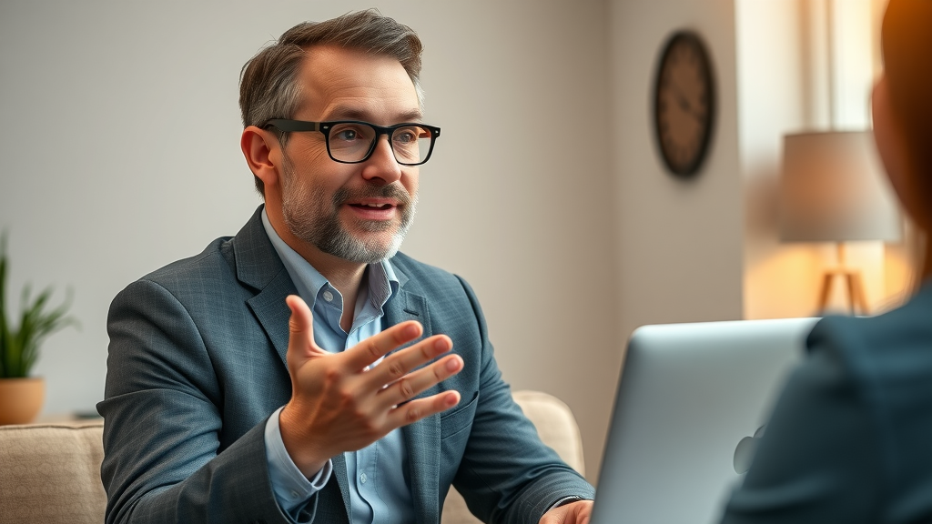 Business broker: Experienced broker presenting business sale options to a small business owner