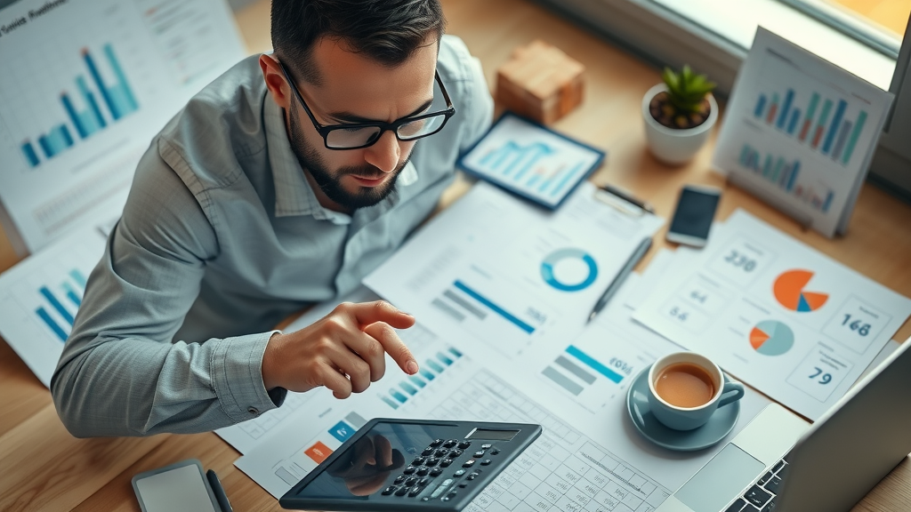 analytical investor calculating costs of franchise for sale, charts, digital tablet, franchise brochures