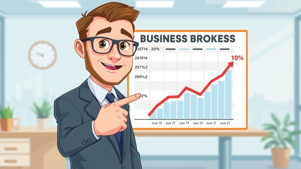 infographic of business broker commission and fees: broker pointing at chart, illustrating broker fee structure