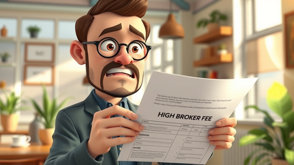 Concerned small business owner surprised by a 15% broker fee on paperwork in a cozy coffee shop