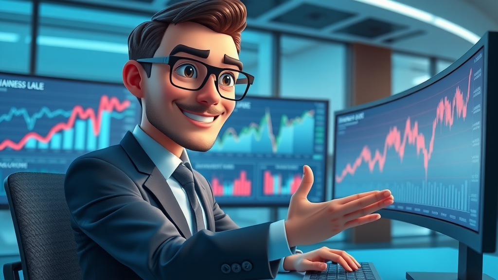 experienced financial analyst calculating business value, confident expression, analyzing charts and data on dual monitors, 3D Cartoon, sleek corporate setting with large data screens and graphs, highly detailed, animated lines and glowing valuation metrics, cool blue tones, soft backlighting, shot with a wide-angle lens.