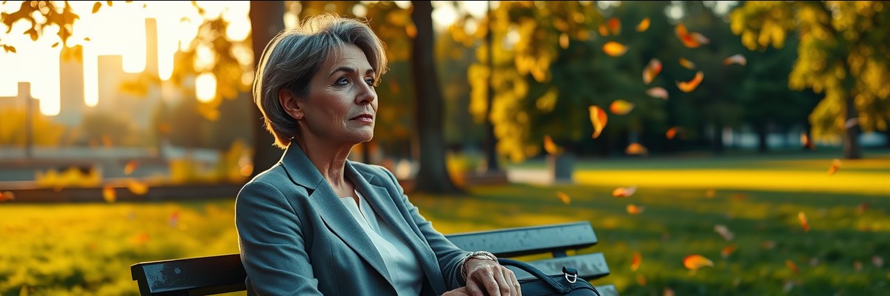Woman pondering changing jobs or retiring on park bench at sunset.