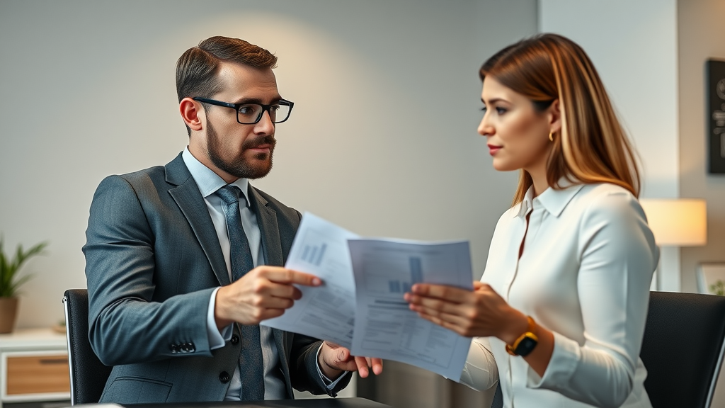 dedicated business broker guiding clients through paperwork in an office, discussing the selling process