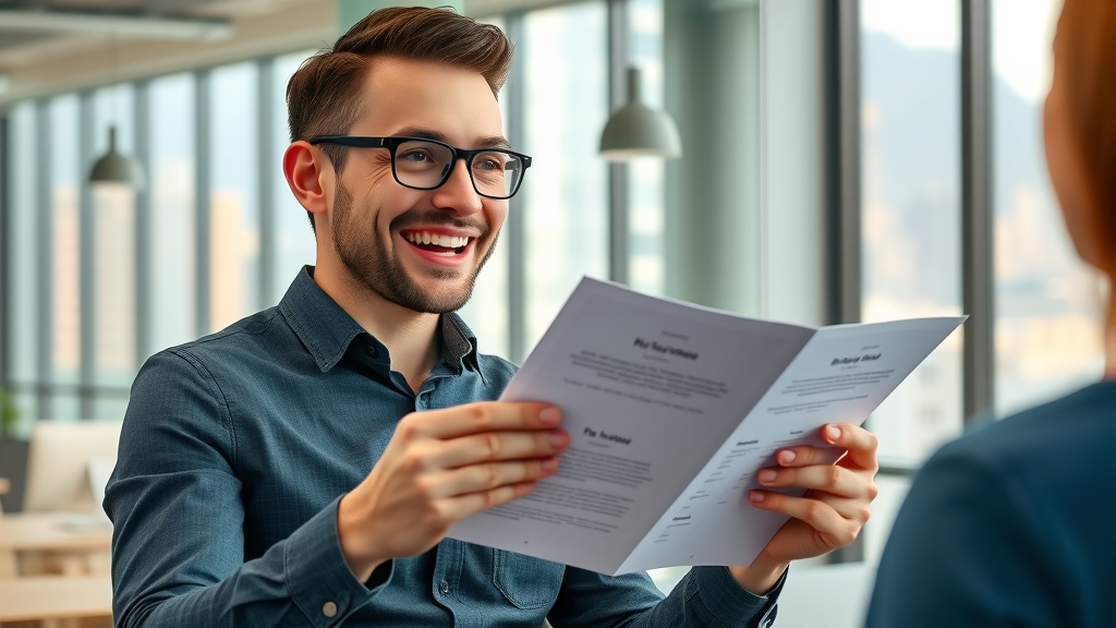 Entrepreneur presenting small business package to prospective buyer in a modern office