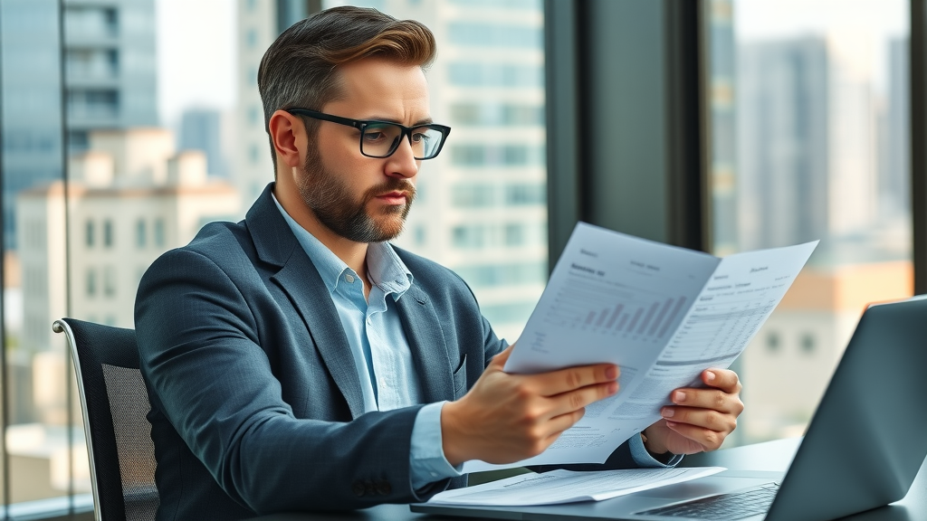 professional business owner reviewing valuation documents, thoughtful expression, sitting at a modern office desk with financial reports and a laptop, Photorealistic High Fidelity Lifelike, contemporary office background with glass windows and cityscape, highly detailed, subtle financial charts visible in the background, natural daylight, shot with a 50mm lens.