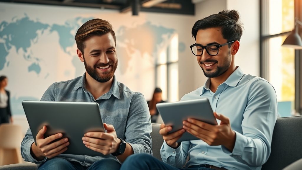 entrepreneurs reviewing online business marketplace opportunities on digital devices in coworking space