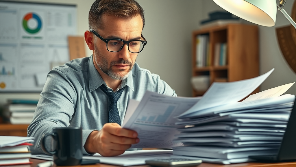 Accountant organizing financial records for selling a business, with detailed paperwork.