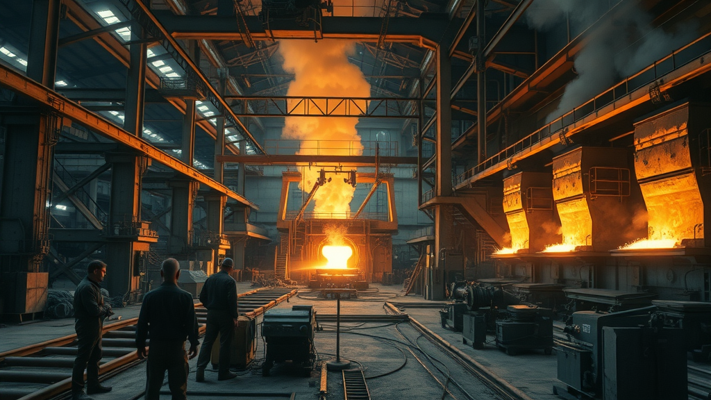 trade war 2025 steel mill workers observing molten metal, US industry affected by tariffs and trade war