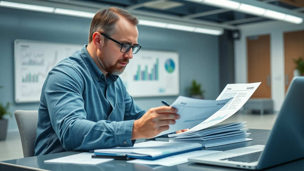 financial manager analyzing business valuation reports and spreadsheets
