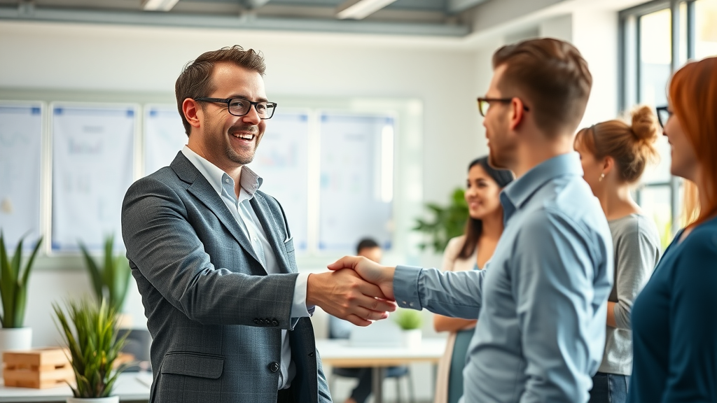 buy a business - new small business owner greeting employees in office