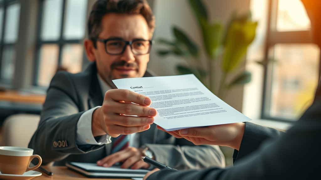 success fee and contract signing - confident business broker receiving signed agreement, professional office with contract handover