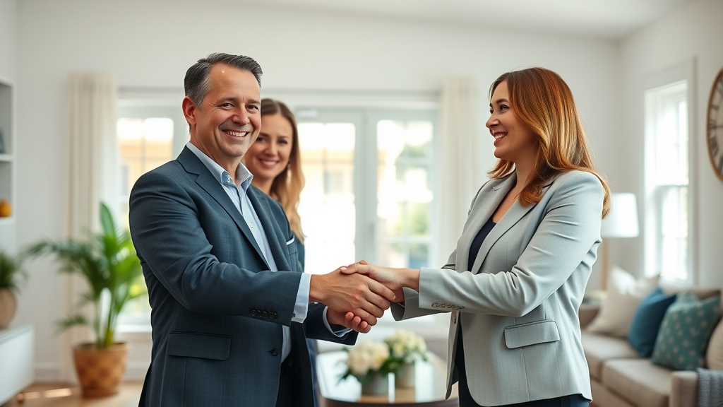 Trustworthy real estate agents shaking hands with smiling first-time homebuyers