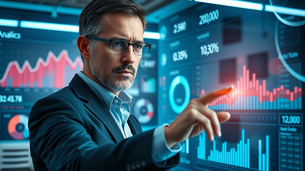 Focused business owner using a digital dashboard to review small business sales performance analytics