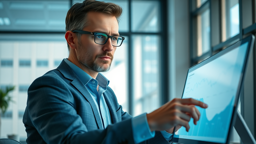 Financial analyst analyzing business sale process metrics and valuation charts.