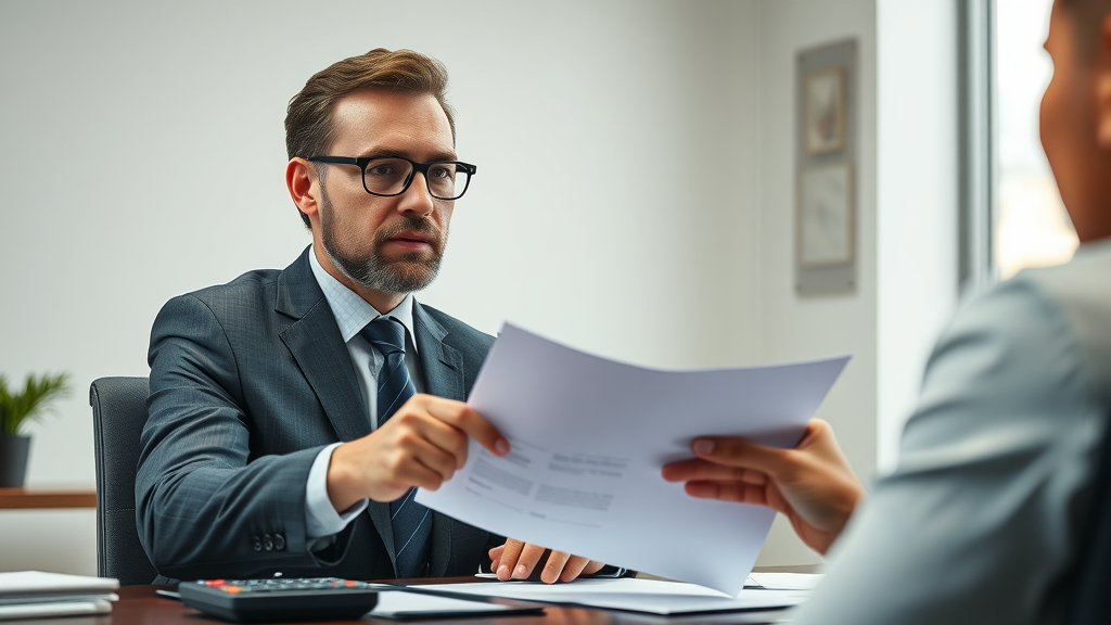 Savvy business owner negotiating business broker fees in executive office with papers and calculators on desk