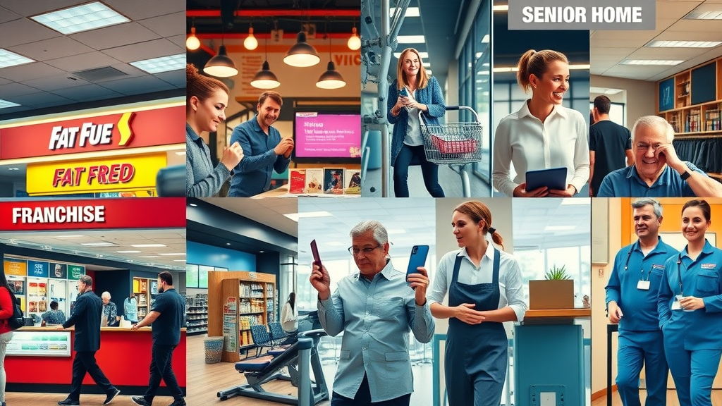 franchise for sale sectors fast food fitness senior care e-commerce cleaning, dynamic composite image