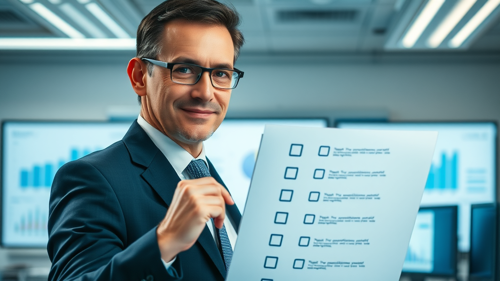 businessperson checking checklist on buying a business in a bright office