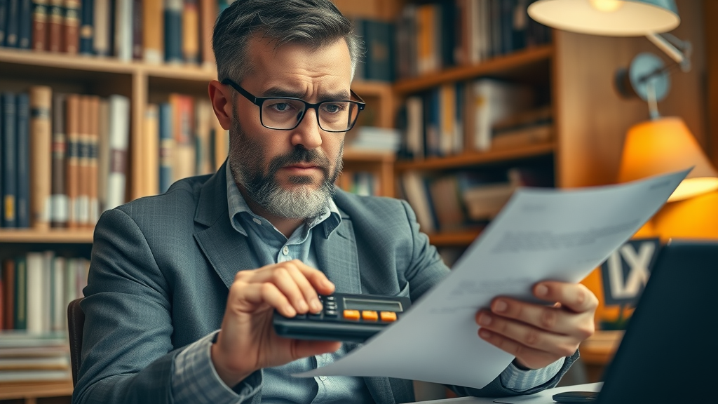 Stressed small business owner in negotiation, contemplating documents and calculator during business sale negotiation