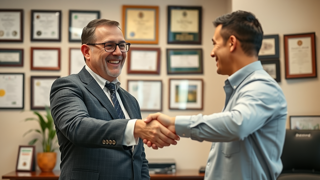 friendly business broker shaking hands with business owner selling a business