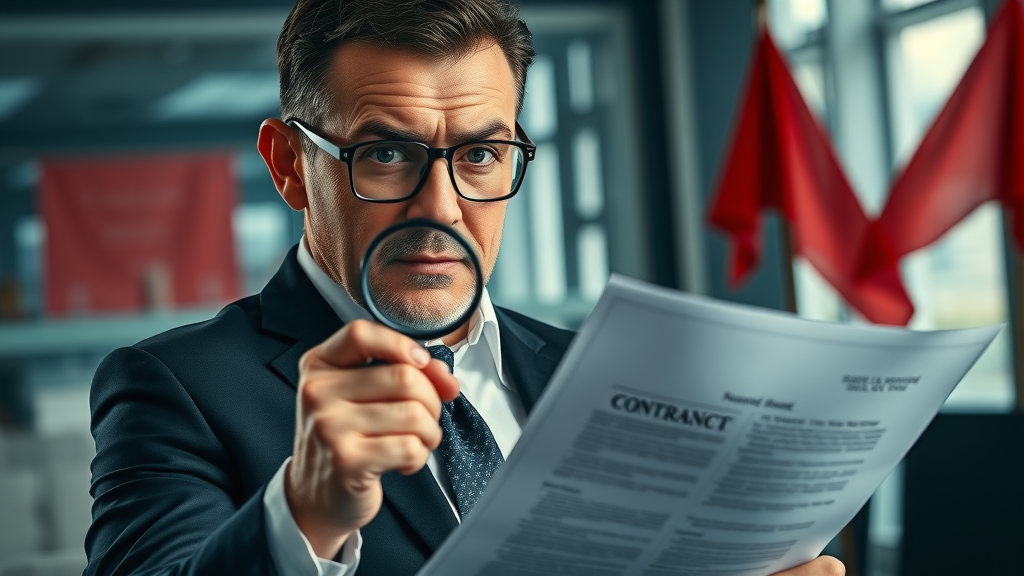 business owner examining broker fee agreement for fairness with magnifying glass