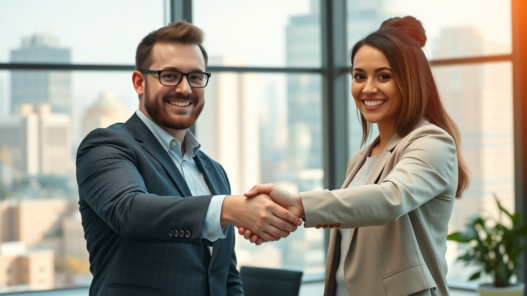 business for sale motivated buyer and confident business seller shaking hands in office with city views