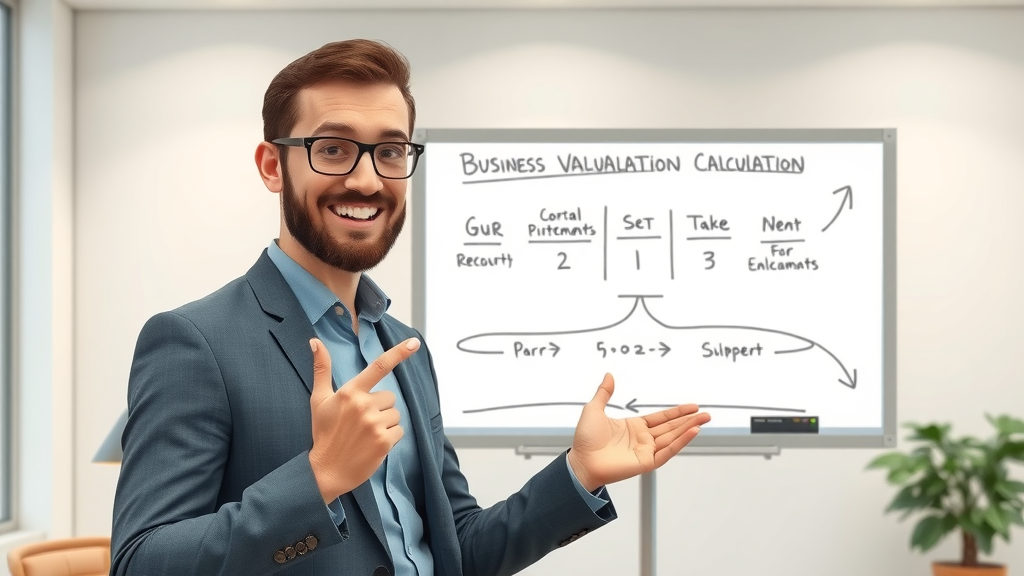experienced consultant presenting business valuation calculation steps, engaging expression, pointing to a digital whiteboard with stepwise diagrams, 2D Cartoon, minimalistic modern office background with clean lines and soft colors, highly detailed, animated arrows illustrating calculation flow, neutral tones, even studio lighting, shot with a 50mm lens.