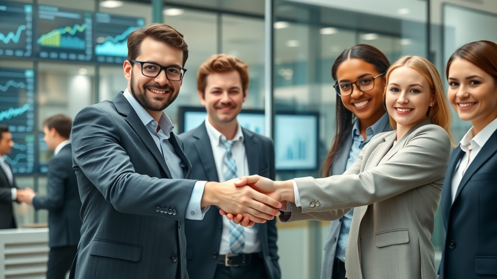 business brokerage services dynamic group of professionals shaking hands over contract