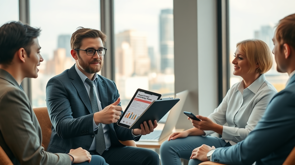 business broker presenting marketing strategy to small business owners