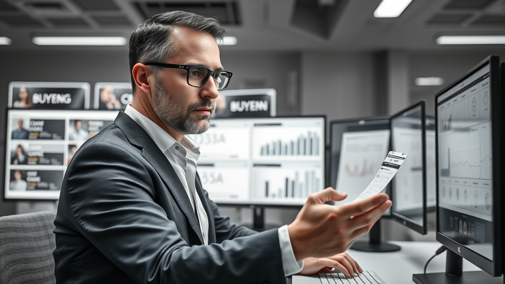 confident business broker reviewing a digital database, buyer profiles for business sale, business buyers, qualified buyers, business broker