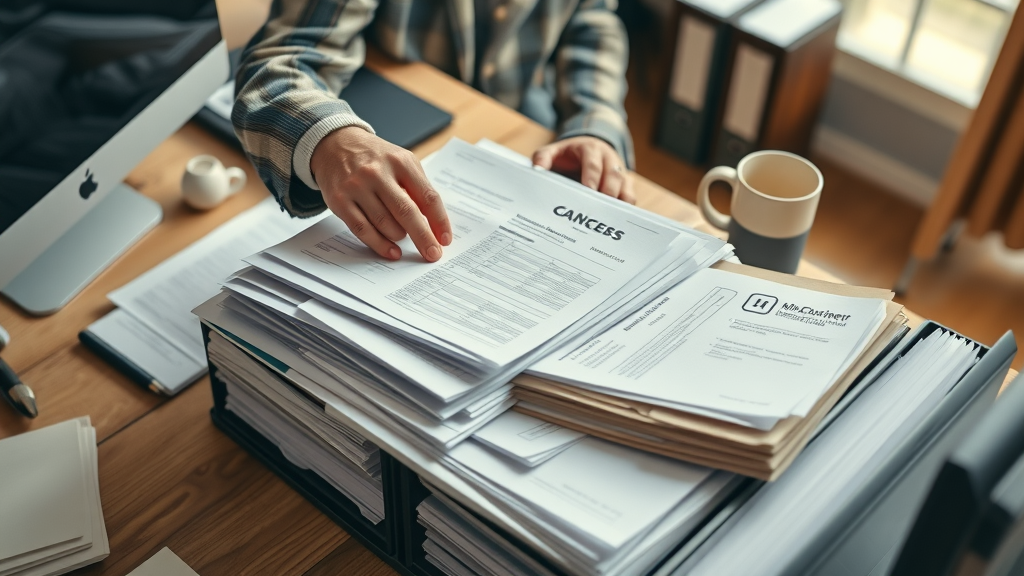small business owner organizing financial records and legal documents for selling a business