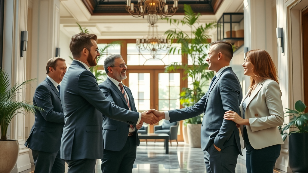 Successful business acquisition meeting with brokers and buyers shaking hands in sunlit lobby