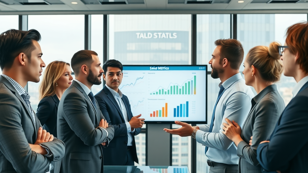 Diverse group of business buyers examining sales metrics and financials when considering buying a small business.