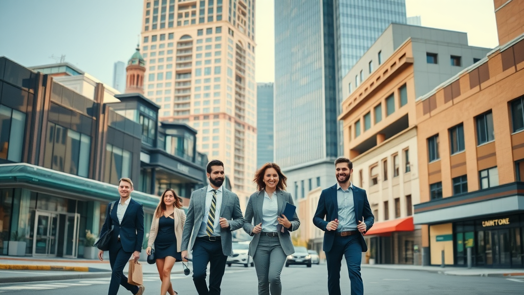 Business professionals walking past offices, retail, and warehouses, showing types of commercial properties
