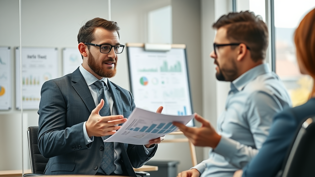 Business broker explaining fee structure to a business owner, open and professional, business brokerage services