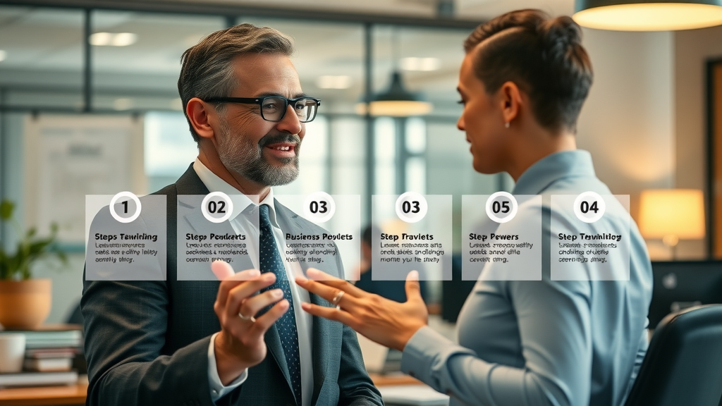 Business broker guiding client through a clearly segmented, step-by-step business sale process in bright office