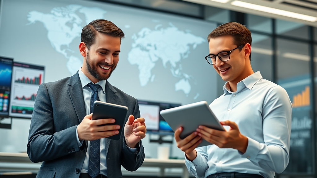 business marketplace professionals analyzing market data, modern office with digital graphs and confident collaboration